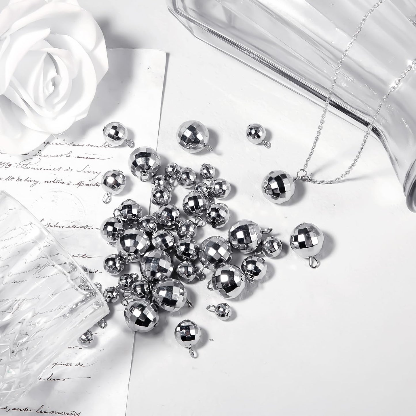 PEUTIER 48pcs Mini Disco Ball Pendants, Silver Alloy Steel Reflective Charms for DIY Crafts and Party Decorations